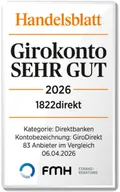 Handelsblatt-Siegel: Girokonto sehr gut 2026, 1822direkt, Kategorie Direktbanken, 83 Anbieter im Vergleich, FMH-Finanzberatung, 06.04.2026