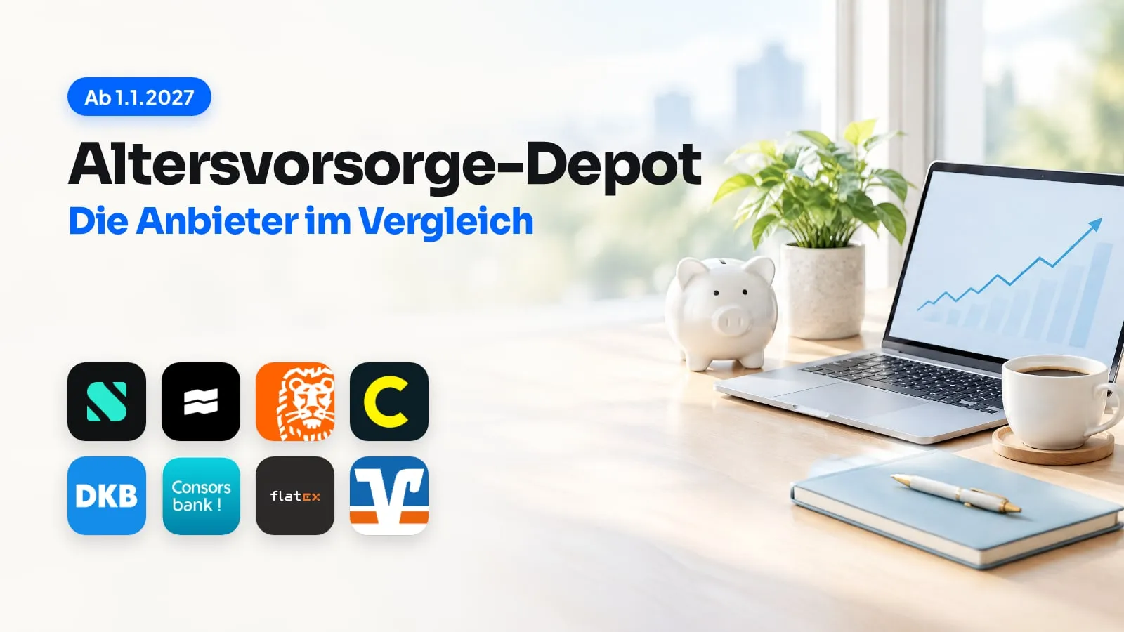 Heller Schreibtisch am Fenster mit Laptop, Sparschwein, Pflanze und Kaffeetasse, daneben der Titel „Altersvorsorge-Depot – Die Anbieter im Vergleich“, ein Badge „Ab 1.1.2027“ und die Logos von Scalable Capital, Trade Republic, ING, comdirect, DKB, Consorsbank, flatex und Volksbank