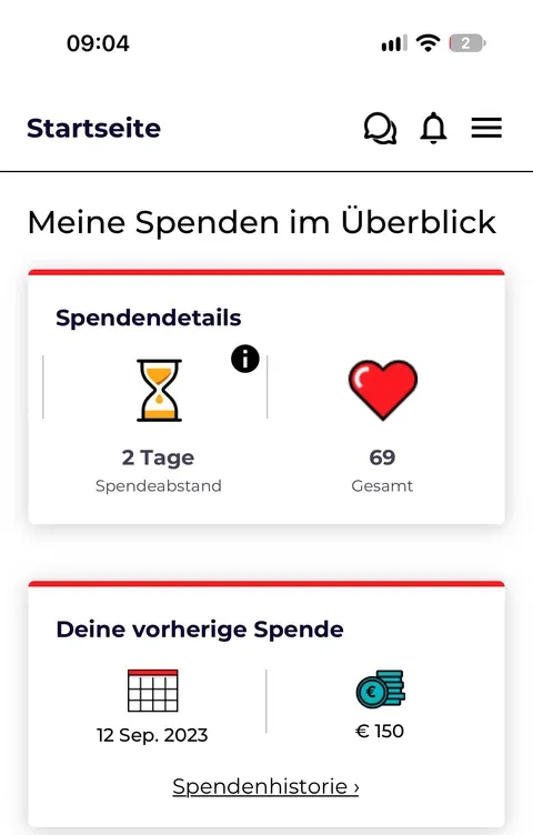 Screenshot der App Mein CSL Plasma: Spendendetails mit 2 Tagen Spendeabstand und 69 Spenden gesamt, darunter die vorherige Spende mit Kalender und Betrag