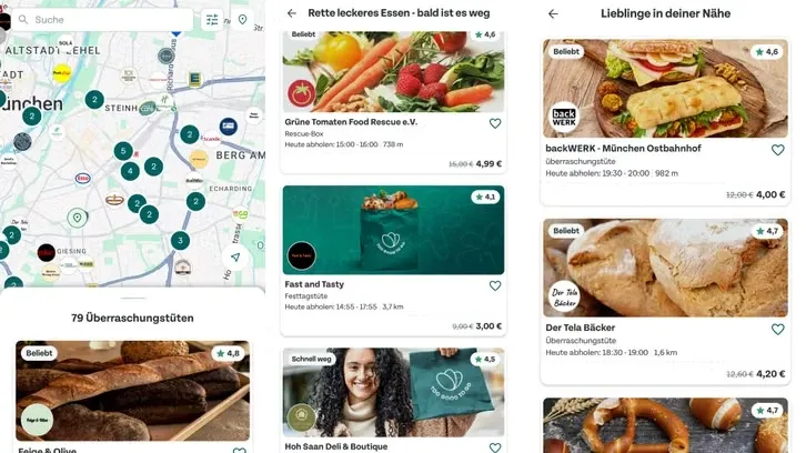 Too-Good-To-Go-App: Karte mit 79 Überraschungstüten in der Umgebung und Angebotslisten, zum Beispiel Rescue-Box für 4,99 statt 15 Euro, Festtagstüte für 3 statt 9 Euro, Bäckerei-Tüten für 4,00 statt 12,00 und 4,20 statt 12,60 Euro, jeweils mit Abholzeit, Entfernung und Bewertung