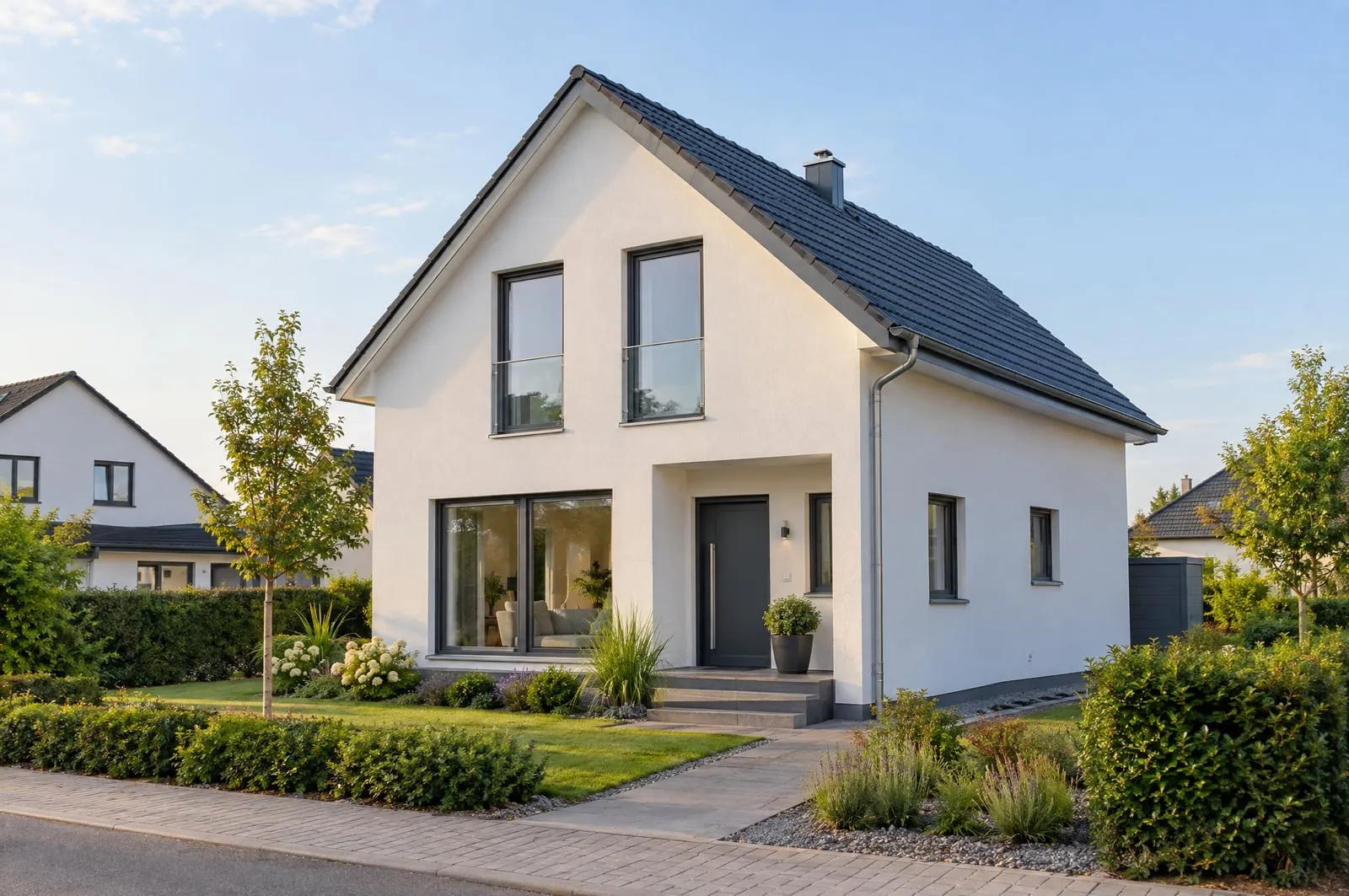 Neu gebautes Einfamilienhaus mit hellem Putz, dunklem Satteldach und Vorgarten in einer ruhigen Wohnstraße