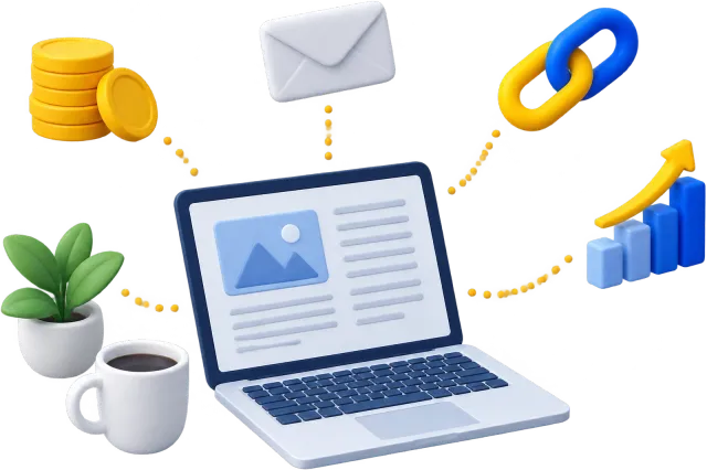 Illustration: Laptop mit Blog-Layout, verbunden mit Münzstapel, Briefumschlag, Kettengliedern und steigendem Balkendiagramm