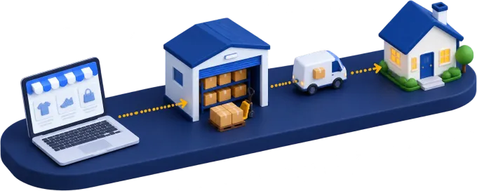 Illustration: Laptop mit Online-Shop, Lieferanten-Lager und Lieferwagen, der das Paket direkt zum Haus des Kunden bringt