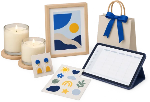 Illustration: Werkbank mit Duftkerzen, Polymerclay-Ohrringen, Stickerbogen, gerahmtem Wandbild, Tablet mit digitalem Planer und Geschenktüte