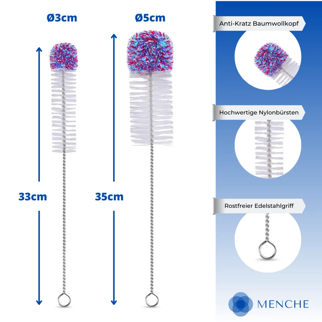 Produktbild der MENCHE Flaschenbürste: zwei Bürsten mit 3 und 5 Zentimetern Durchmesser und 33 und 35 Zentimetern Länge, Anti-Kratz-Baumwollkopf, Nylonborsten und Griff aus rostfreiem Edelstahl, unten rechts das MENCHE-Logo