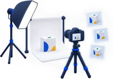 Illustration: Mini-Fotostudio mit Produktkarton auf weißer Hohlkehle, Softbox und Kamera auf Stativ, daneben fertige Produktbilder