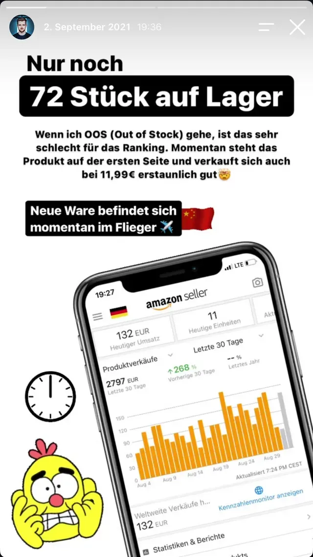 Instagram-Story: nur noch 72 Stück auf Lager, neue Ware im Flieger aus China, 2.797 Euro Umsatz in den letzten 30 Tagen