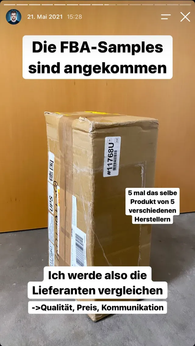Instagram-Story: Paket mit den FBA-Samples, fünfmal dasselbe Produkt von fünf verschiedenen Herstellern, die nach Qualität, Preis und Kommunikation verglichen werden