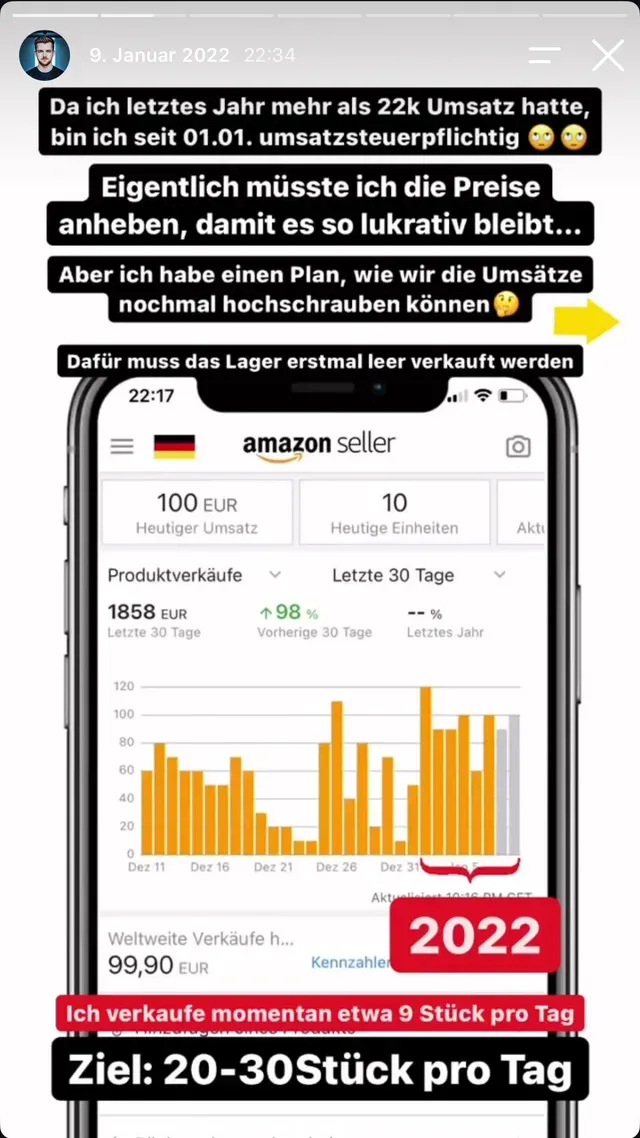 Instagram-Story vom Januar 2022: mehr als 22.000 Euro Umsatz im Vorjahr, seit 1. Januar umsatzsteuerpflichtig, momentan etwa 9 Stück pro Tag, Ziel 20 bis 30 Stück pro Tag, dafür muss das Lager erst leer verkauft werden