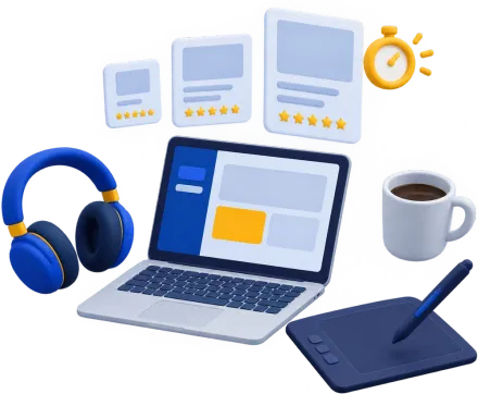 Illustration: Freelancer-Arbeitsplatz mit Laptop, Kopfhörer, Grafiktablett und drei Angebotskarten mit Sternebewertungen