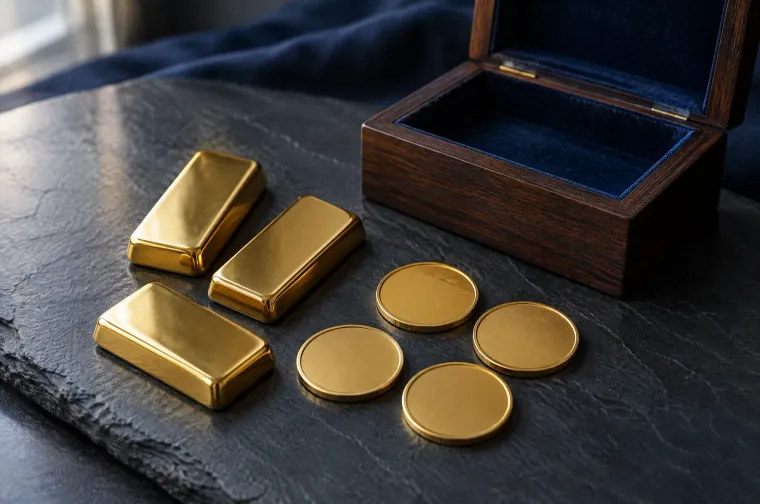 Goldbarren und Goldmünzen auf einer dunklen Schieferplatte neben einer geöffneten Holzschatulle