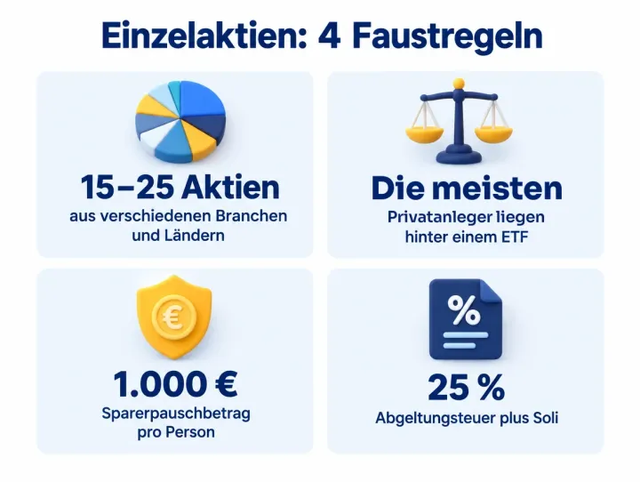 Infografik – Einzelaktien, 4 Faustregeln: 15 bis 25 Aktien aus verschiedenen Branchen und Ländern; die meisten Privatanleger liegen hinter einem ETF; 1.000 € Sparerpauschbetrag pro Person; 25 % Abgeltungsteuer plus Soli.