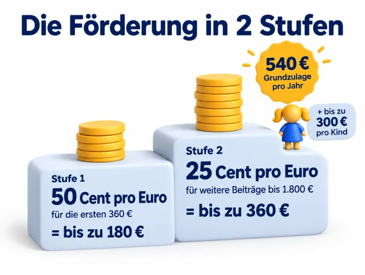 Infografik – Die Förderung in 2 Stufen: Stufe 1 mit 50 Cent pro Euro für die ersten 360 € (bis zu 180 €), Stufe 2 mit 25 Cent pro Euro für weitere Beiträge bis 1.800 € (bis zu 360 €). Zusammen 540 € Grundzulage pro Jahr, dazu bis zu 300 € pro Kind.