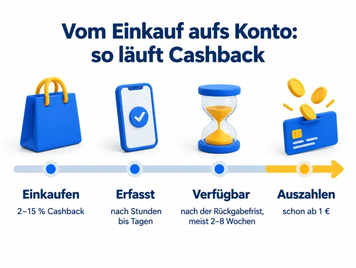 Infografik: So läuft Cashback. Einkaufen bringt 2 bis 15 % Cashback; das Guthaben wird nach Stunden bis Tagen erfasst, ist nach der Rückgabefrist (meist 2 bis 8 Wochen) verfügbar und lässt sich schon ab 1 € auszahlen.