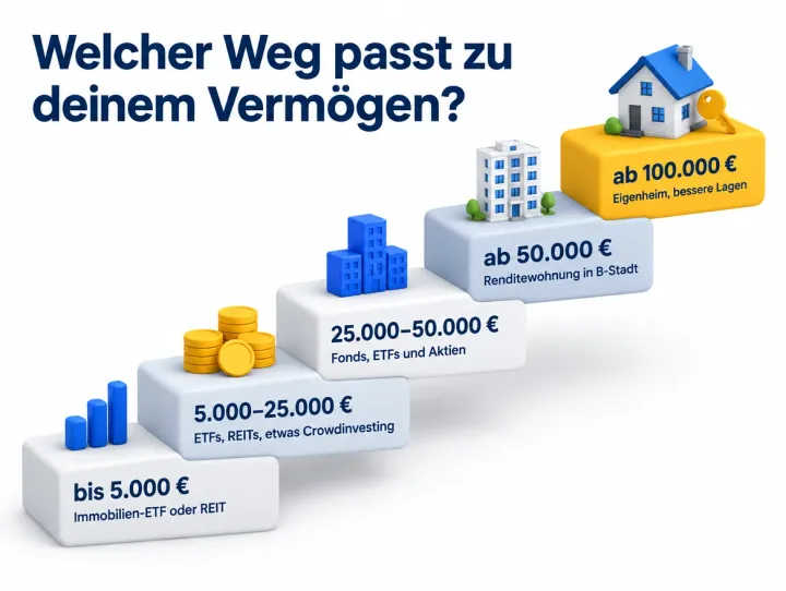 Infografik: Welcher Weg passt zu deinem Vermögen? Bis 5.000 €: Immobilien-ETF oder REIT. 5.000 bis 25.000 €: ETFs, REITs und etwas Crowdinvesting. 25.000 bis 50.000 €: Fonds, ETFs und Aktien. Ab 50.000 €: Renditewohnung in einer B-Stadt. Ab 100.000 €: Eigenheim und bessere Lagen.