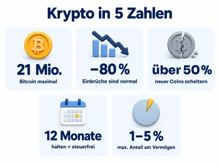 Infografik: Krypto in 5 Zahlen. Es gibt maximal 21 Mio. Bitcoin. Einbrüche um 80 % sind normal. Über 50 % neuer Coins scheitern. Nach 12 Monaten Haltedauer sind Gewinne steuerfrei. Maximal 1–5 % des Vermögens gehören in Krypto.