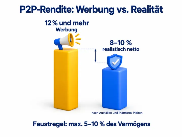 Infografik: P2P-Plattformen werben mit 12 % und mehr. Realistisch bleiben nach Ausfällen und Plattform-Pleiten 8–10 % netto. Faustregel: maximal 5–10 % des Vermögens.