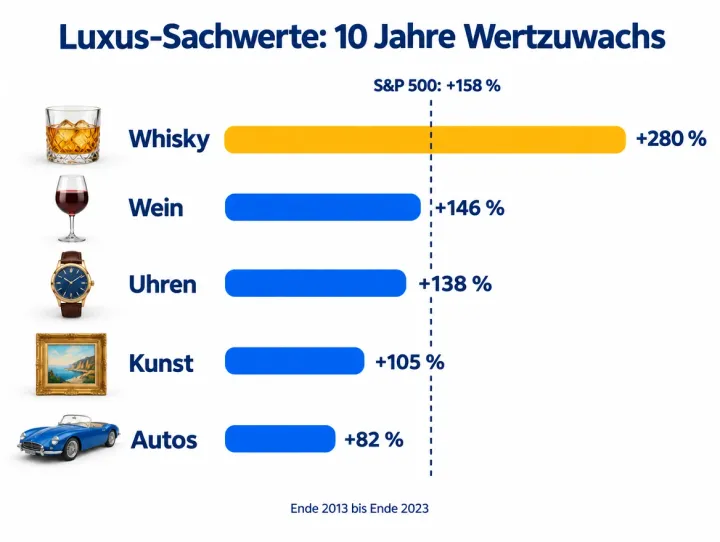 Infografik: Luxus-Sachwerte, Wertzuwachs über 10 Jahre von Ende 2013 bis Ende 2023: Whisky +280 %, Wein +146 %, Uhren +138 %, Kunst +105 %, Autos +82 %. Zum Vergleich der S&P 500: +158 % – nur Whisky lag darüber.