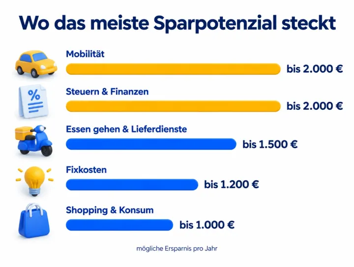 Infografik: Wo das meiste Sparpotenzial steckt – mögliche Ersparnis pro Jahr: Mobilität bis 2.000 €, Steuern und Finanzen bis 2.000 €, Essen gehen und Lieferdienste bis 1.500 €, Fixkosten bis 1.200 €, Shopping und Konsum bis 1.000 €.