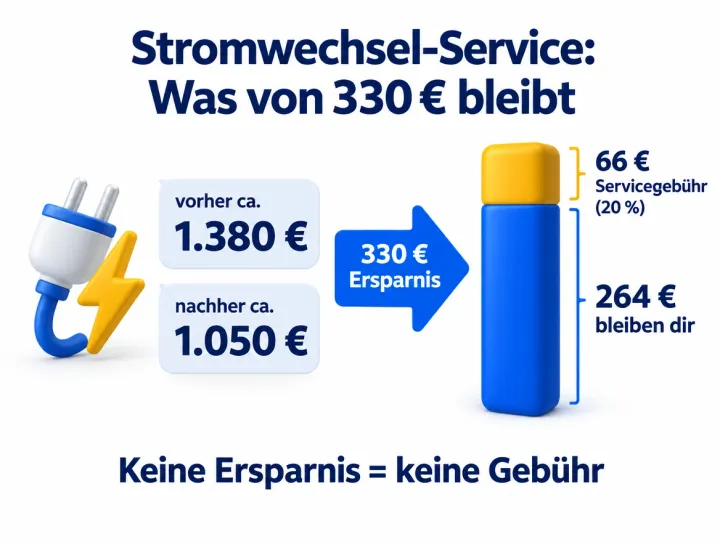 Infografik: Was von 330 € Ersparnis bleibt. Vorher ca. 1.380 € Stromkosten, nachher ca. 1.050 €. Von den 330 € Ersparnis gehen 66 € (20 %) als Servicegebühr an den Wechselservice, 264 € bleiben dir. Keine Ersparnis bedeutet keine Gebühr.
