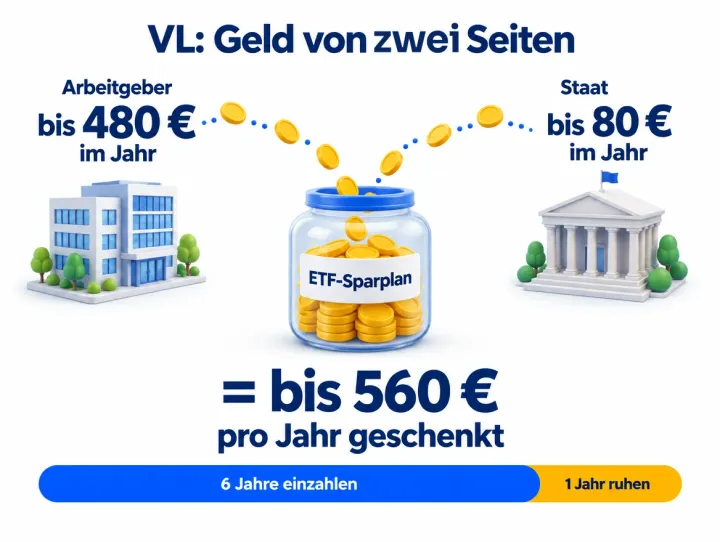 Infografik: VL bekommst du von zwei Seiten. Der Arbeitgeber zahlt bis 480 € im Jahr, der Staat legt bis 80 € Arbeitnehmersparzulage dazu – zusammen bis 560 € pro Jahr geschenkt, zum Beispiel in einem ETF-Sparplan. Laufzeit: 6 Jahre einzahlen, 1 Jahr ruhen.