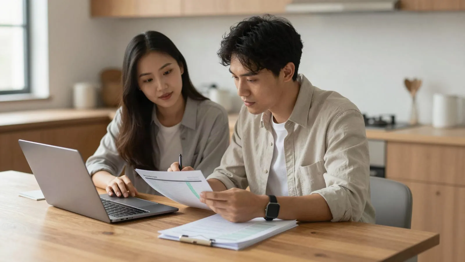 Junges Paar plant am Küchentisch das Monatsbudget mit Laptop und Unterlagen