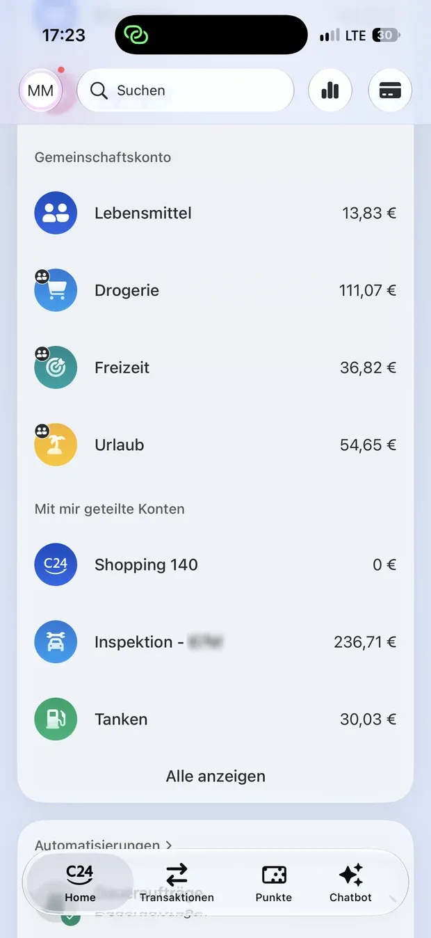C24-App: Gemeinschaftskonto mit den Pockets Lebensmittel, Drogerie, Freizeit und Urlaub, darunter mit mir geteilte Pockets für Shopping, Inspektion und Tanken