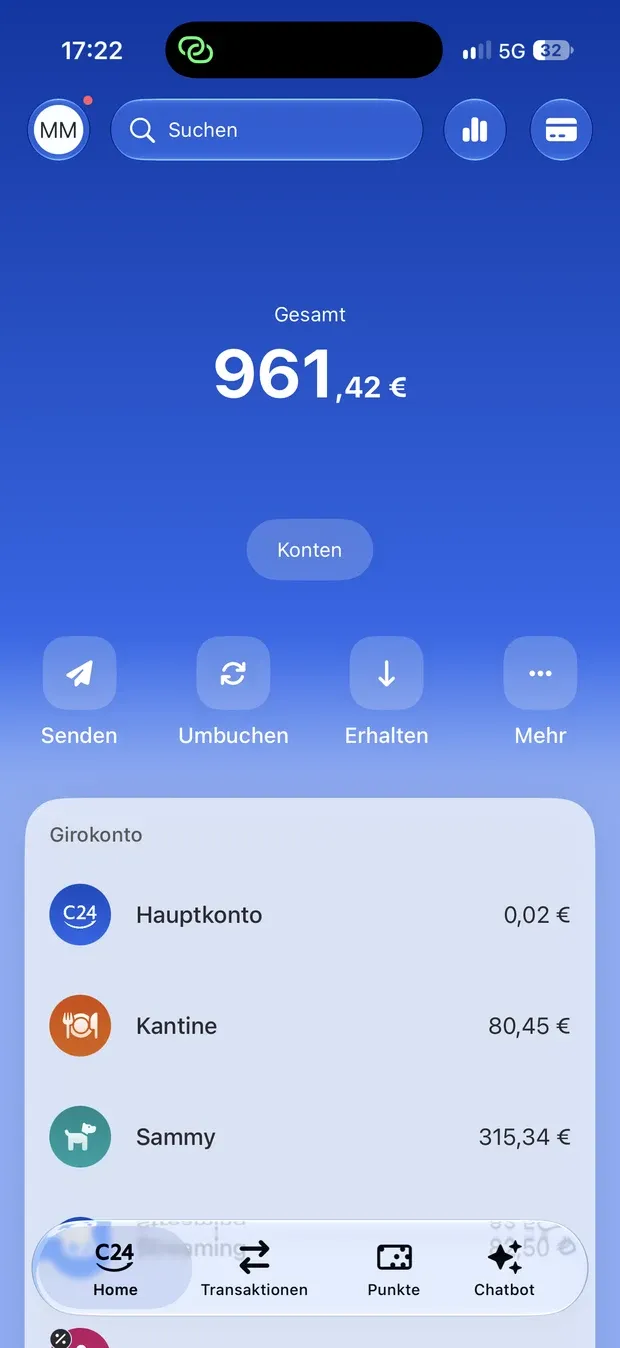 C24-App: Gesamtsaldo und Girokonto mit Hauptkonto und Pockets wie Kantine und Sammy