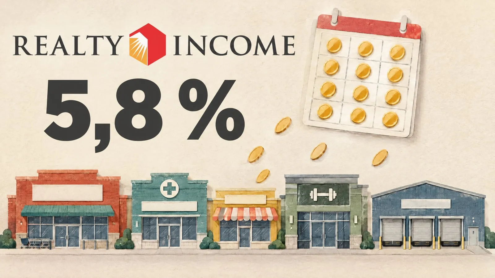 Collage mit Realty-Income-Logo, einer Ladenzeile aus Supermarkt, Apotheke, Convenience-Store, Fitnessstudio und Lagerhalle sowie einem Kalender mit zwölf Goldmünzen