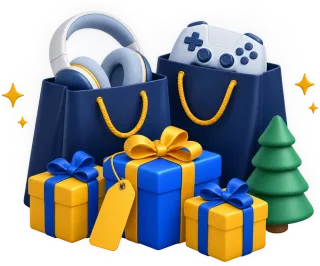 Illustration: Einkaufstüten mit Kopfhörern und Gamecontroller, eingepackte Geschenke und ein kleiner Tannenbaum