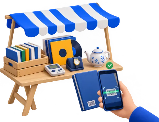 Illustration: Flohmarktstand mit Bücherkiste, Schallplatten, Retro-Konsole, Armbanduhr und Teekanne; eine Hand scannt mit dem Smartphone den Barcode eines Buchs