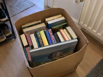 Symbolbild: Umzugskarton mit gebrauchten Büchern und einem Bildband im Flur, fotografiert wie für eine Kleinanzeige