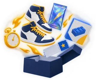 Illustration: Aus einem Sneaker-Karton springen Sneaker, ein Sammelkarten-Booster, ein Klemmbaustein-Set und ein Konzertticket