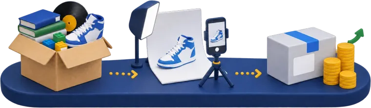 Illustration: Kiste mit Second-Hand-Fundstücken, Produktfoto mit dem Smartphone, versandfertiges Paket neben einem Münzstapel