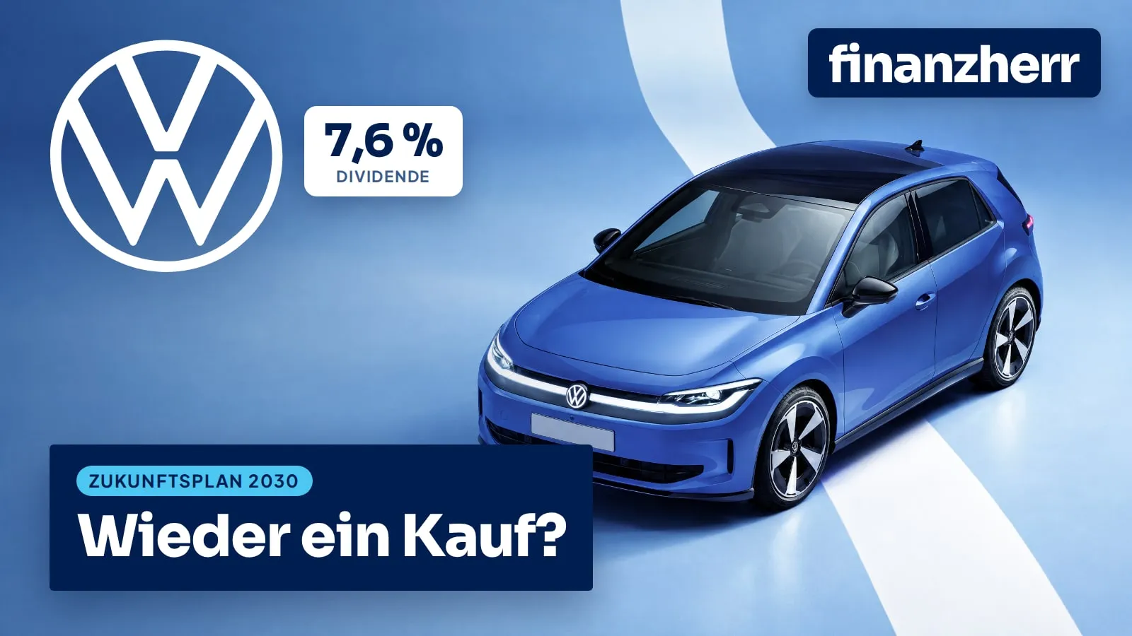 Blauer VW ID. Polo im hellblauen Studio, links das große weiße VW-Logo, ein Badge mit 7,6 % Dividende und der Schriftzug „Zukunftsplan 2030 – Wieder ein Kauf?“