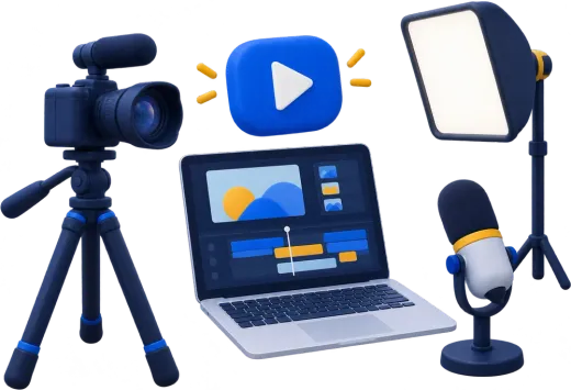 Illustration: kleines Heimstudio mit Videokamera auf Stativ, Podcast-Mikrofon, Softbox und Laptop mit Schnitt-Zeitleiste